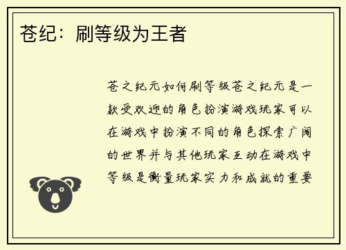 苍纪:刷等级为王者